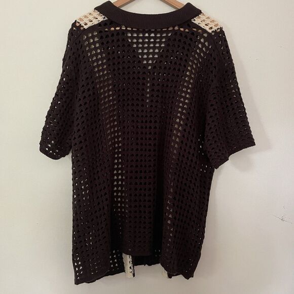 Earthbound Men’s Crochet Open Knit Button Down Top XXL Brown Resort Festival - Picture 7 of 10